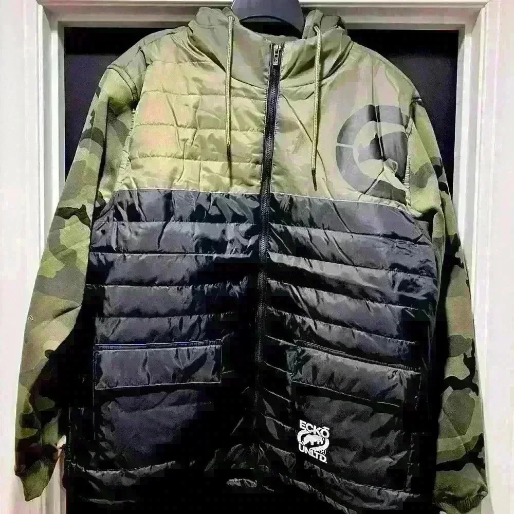 Ecko Unltd Men's Olive & Black Puffer Camo Hoodie Jacket Zip Up Long Sleeve